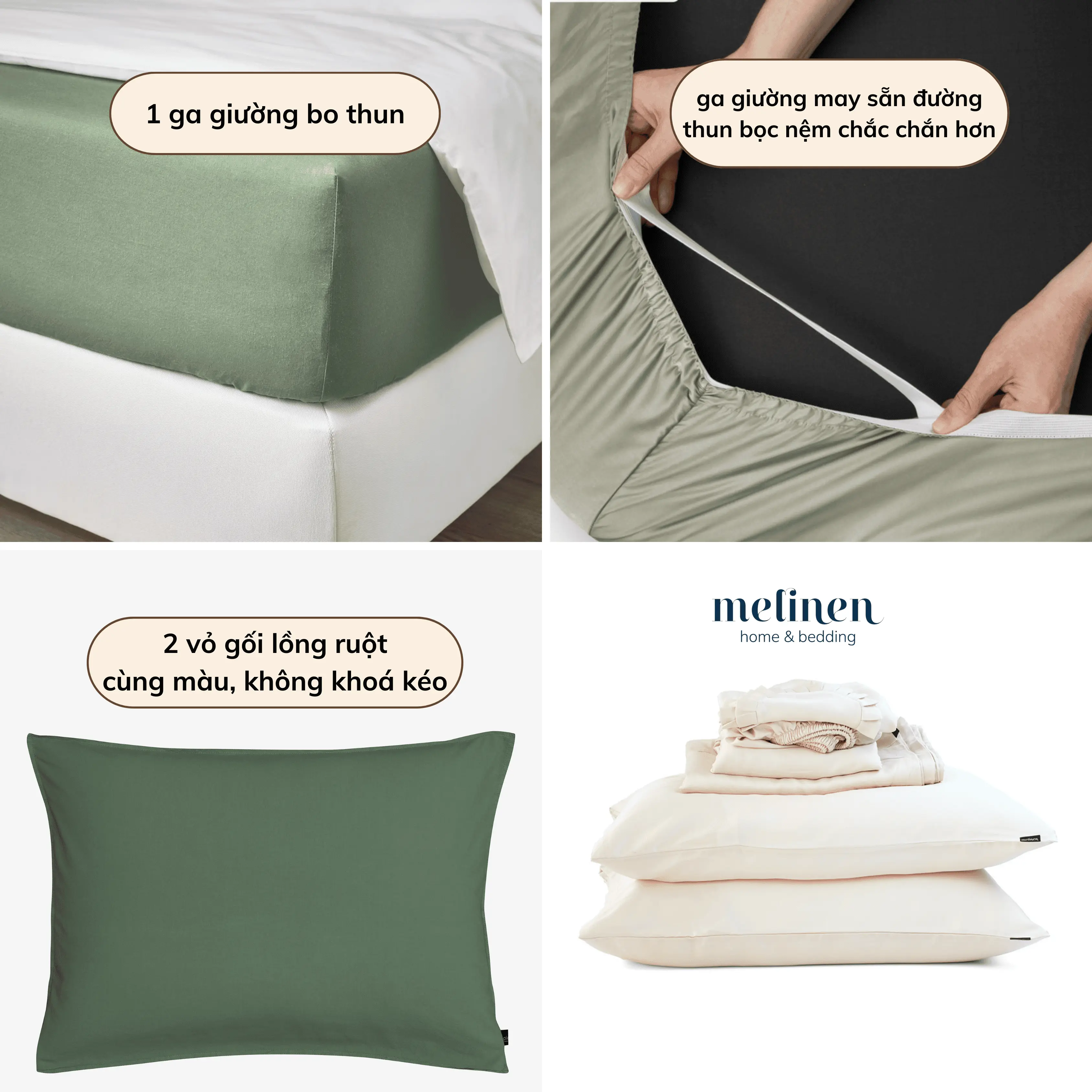 Bộ Ga Gối 3 món Cotton Satin Màu Trơn 2